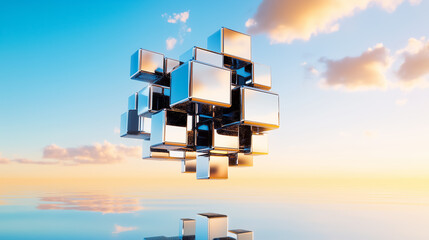 Poster - A mesmerizing arrangement of gleaming cubes drifts effortlessly in an endless void, capturing reflections of the pastel sky. The ethereal atmosphere invites wonder and exploration