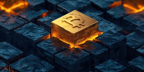 Poster - A glowing golden cryptocurrency symbol sits atop dark, textured blocks, radiating warmth in a visually striking and modern composition.