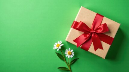 Aufkleber - A simple gift box tied with a festive red ribbon and adorned with delicate chamomile flowers on a vibrant green background.