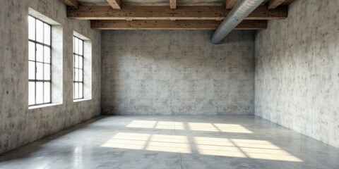 Poster - Spacious industrial loft interior with exposed beams and large windows