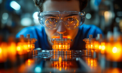 Poster - Technician Examining Precision Optics with Advanced Equipment for High-Precision Timing in Photonics Laboratory