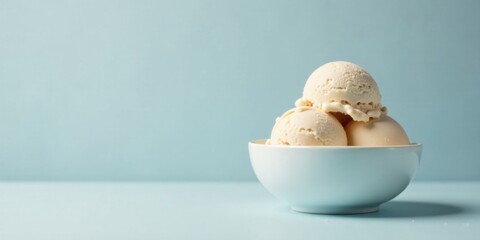 Poster - Creamy Vanilla Ice Cream Scoops in a Light Blue Bowl on a Pastel Background