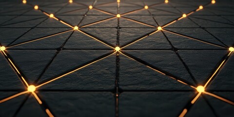 Poster - The image features a geometric pattern of illuminated points connected by lines on a textured surface, creating a visually striking design.