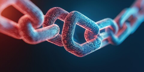 Aufkleber - A close-up view of a digital chain link illuminated in blue and red, symbolizing connection and technology.