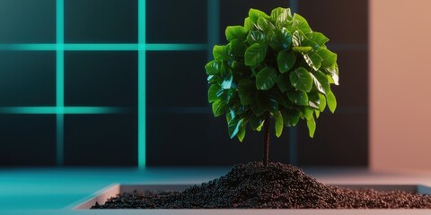 Poster - A small, vibrant tree with lush green leaves emerges from dark soil, set against a modern, illuminated background.
