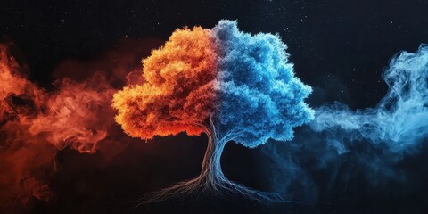Poster - A vibrant tree split into two contrasting colors, orange and blue, symbolizing the balance between warmth and coolness in a surreal, smoky atmosphere.