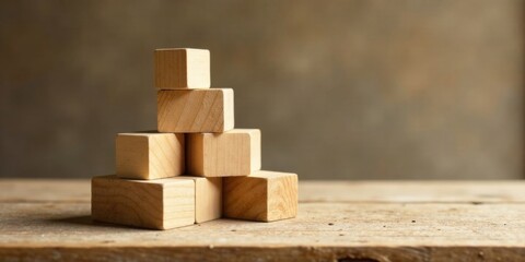 Aufkleber - Wooden blocks arranged in a pyramid shape on a rustic wooden surface, symbolizing growth, stability, and potential