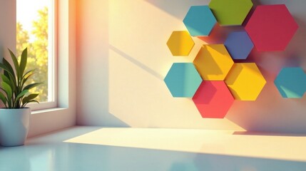 Poster - Serene Minimalist Interior with Vibrant Hexagon Wall Decor and Sunlight Streaming Through Window
