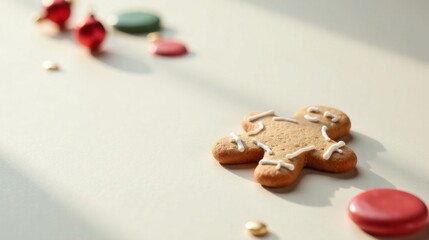 Aufkleber - A Festive Gingerbread Man Cookie with Delicate Icing and Seasonal Ornaments on a Light Beige Surface