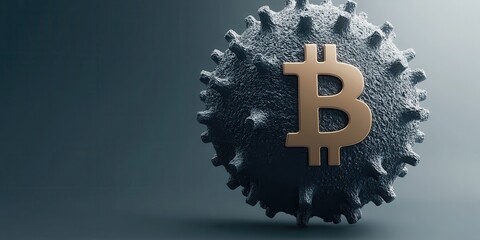 Poster - A stylized Bitcoin symbol sits on a textured virus-like sphere, highlighting the intersection of cryptocurrency and health themes.