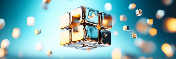 Poster - Floating in an endless void, a massive cube constructed from numerous tiny cubes captivates the viewer with its majestic shine and intricate design, creating a sense of wonder and infinity