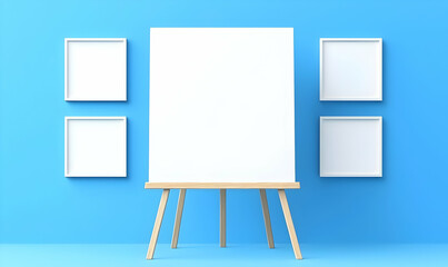 Poster - Blank Canvas on Easel with White Frames Against Blue Background