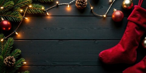 Aufkleber - Festive Holiday Scene with Christmas Decorations and a Red Stocking on Dark Wood