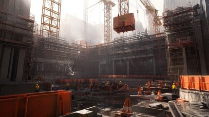 Wall Mural - construction site with cranes, scaffolding, and half-built structures, workers in the background wea