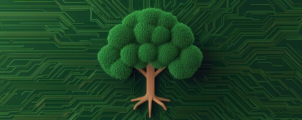 Aufkleber - A stylized tree made of green foliage stands atop a circuit board background, symbolizing the connection between nature and technology.