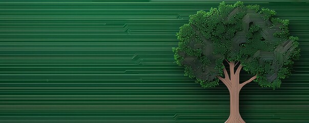 Poster - A stylized tree stands against a green striped background, symbolizing growth, nature, and technology.