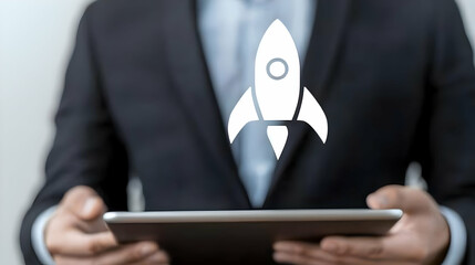 Poster - Business Professional Holding Tablet with Rocket Icon Overlay