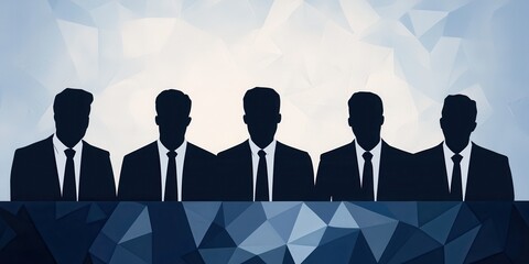 Poster - Five silhouetted figures in suits sit behind a geometric background, symbolizing authority, professionalism, or corporate settings.