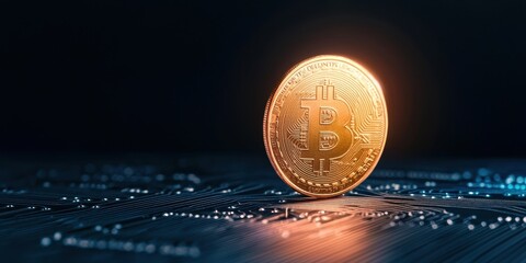 Poster - A glowing Bitcoin stands prominently against a dark background, symbolizing cryptocurrency and digital finance.