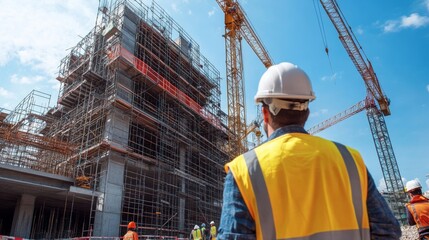 Wall Mural - construction site with cranes, scaffolding, and half-built structures, workers in the background wea