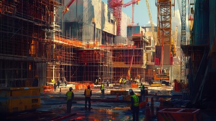 Wall Mural - construction site with cranes, scaffolding, and half-built structures, workers in the background wea