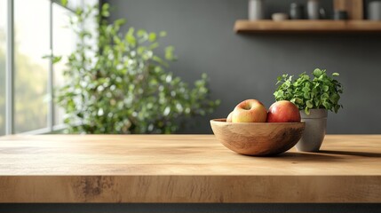 Aufkleber - a wooden bowl brimming with shiny apples rests on a natural wood countertop, accompanied by a small 