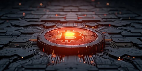 Poster - A glowing Bitcoin symbol sits at the center of a futuristic circuit board, showcasing digital currency and technology themes.