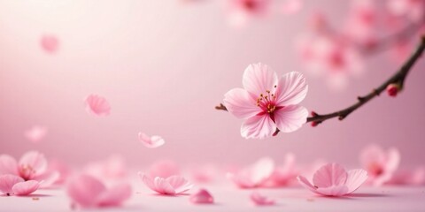 Poster - Delicate Pink Blossoms Falling Gracefully on a Soft Pink Background, a Serene and Gentle Springtime Image