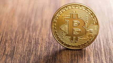 Poster - A close-up view of a Bitcoin coin resting on a wooden surface, showcasing its distinct design and golden hue.