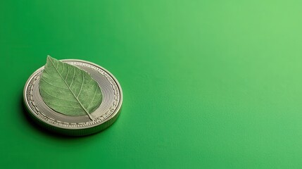 Poster - A leaf rests on a coin, symbolizing the union of nature and finance, on a smooth green background.