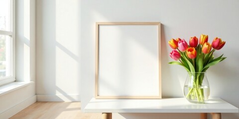 Aufkleber - Bright Sunlight Illuminates a Minimalist Room Setting Featuring a Blank Frame and a Vase of Vibrant Tulips