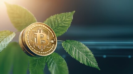 Aufkleber - A golden Bitcoin sits on vibrant green leaves, symbolizing the intersection of cryptocurrency and sustainability.