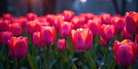 Poster - Radiant pink tulips bathed in the warm glow of sunset, a breathtaking display of natural beauty