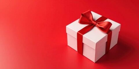 Poster - A pristine white gift box adorned with a vibrant red ribbon, a symbol of celebration and thoughtful presents, sits elegantly on a rich red background.