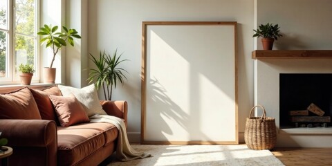 Poster - Sunlit living room with a large blank frame, cozy sofa, and potted plants