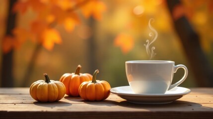 Poster - Aromatic autumn beverage in a warm white mug accompanied by miniature pumpkins on a rustic wooden surface, bathed in the soft glow of the fall season