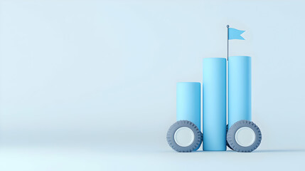 Poster - Blue Growth Chart with Flags and Wheels on Minimalist Background