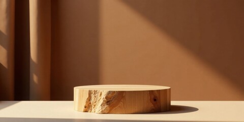 Poster - Rustic Wooden Display Platform in Soft Natural Light Against a Neutral Background
