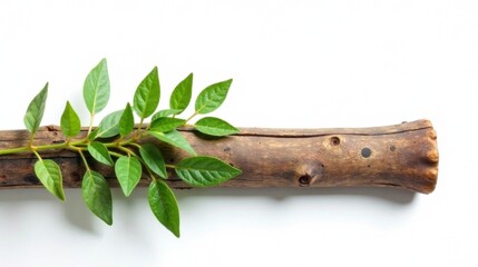 Aufkleber - Lush Green Branch Resting Atop Rustic Wooden Log Isolated on White Background