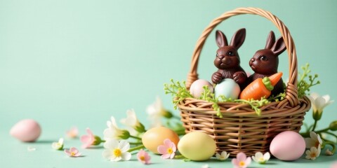 Poster - Delightful Easter Basket with Chocolate Bunnies and Pastel Eggs Nestled Amongst Spring Blossoms