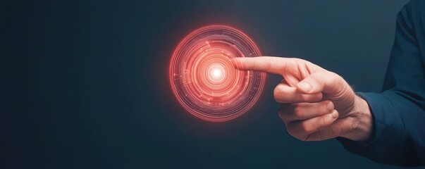 Aufkleber - A hand points at a glowing red circular interface, symbolizing technology, interaction, and digital innovation against a dark background.