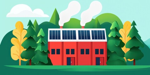 Poster - A vibrant illustration of a red building with solar panels, surrounded by trees and mountains, symbolizing eco-friendly energy and sustainability in nature.