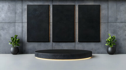 Poster - Modern Minimalist Display Space with Black Walls and Plants