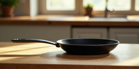 Aufkleber - Empty frying pan on a kitchen counter bathed in sunlight