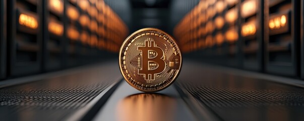 Poster - A detailed close-up of a Bitcoin coin in a high-tech mining facility, showcasing its intricate design and the vibrant lighting of the surrounding environment.