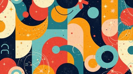 Poster - Abstract Cosmic Composition A Retro-Modern Design Featuring Interwoven Geometric Shapes and Celestial Elements in Vibrant Hues