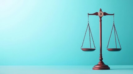 Aufkleber - A classic wooden scale of justice against a minimalist teal background, symbolizing balance and fairness in law.