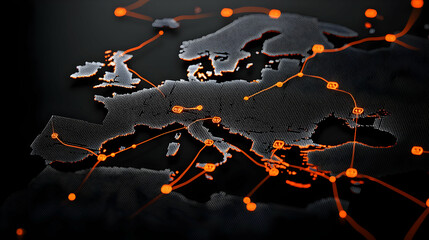 Poster - Detailed Digital Map of Europe with Bright Orange Network Lines