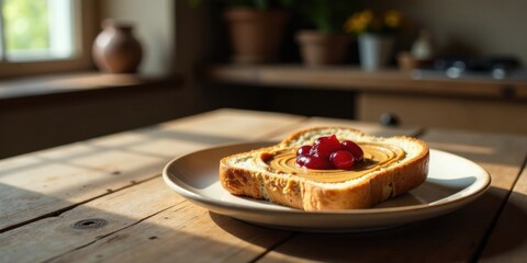 Poster - A sunlit slice of bread topped with creamy peanut butter and a dollop of sweet berry preserves, served on a simple plate, resting on a rustic wooden table.