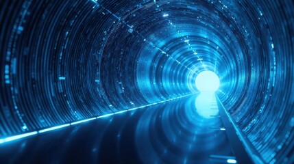 Poster - A Futuristic Blue Tunnel Leading to a Bright Light, Representing Progress and Technological Advancement in a Digital World